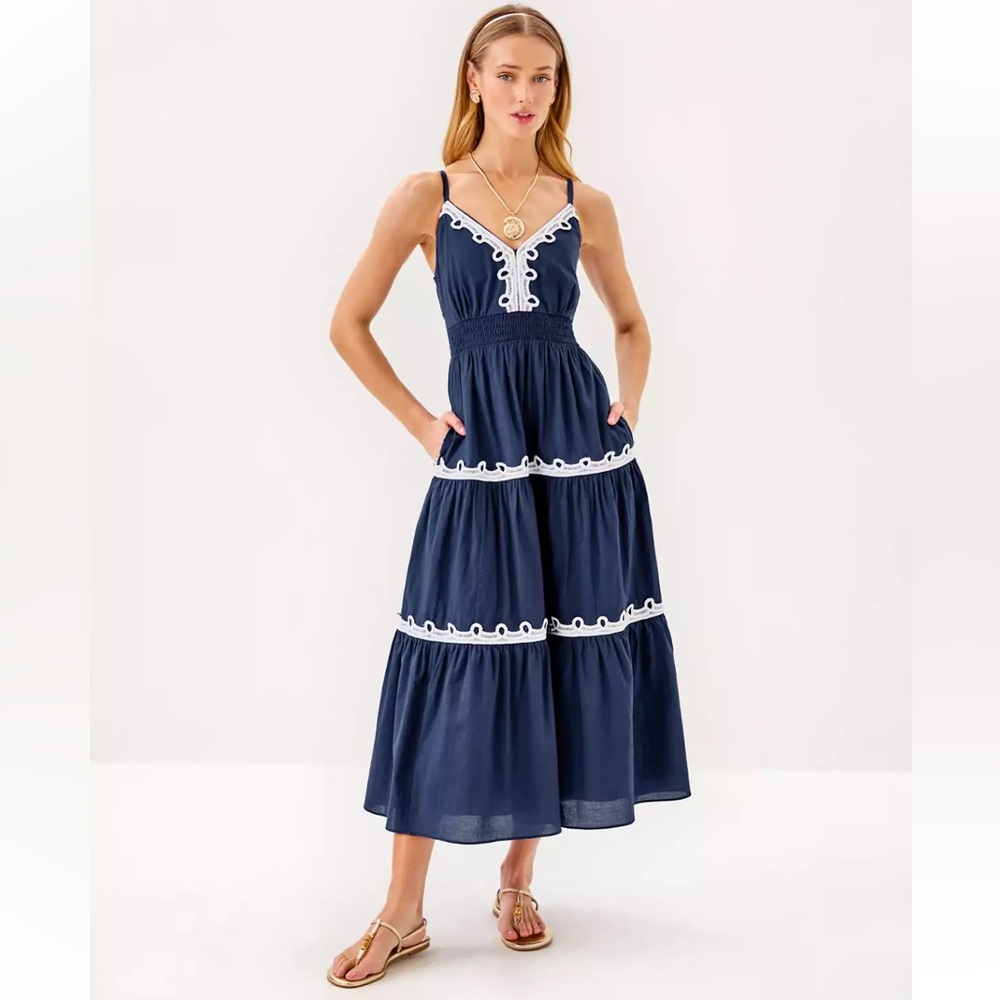 Lilly Pulitzer Zanna Cotton Embroidered Midi-Dress Size 14 Blue & White NWT